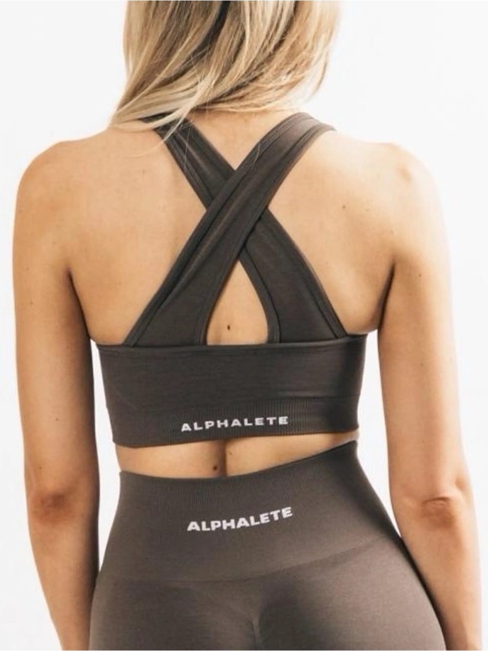Alphalete Amplify Cross Back Sports Bra Taupe Brown - Picture 1 of 6